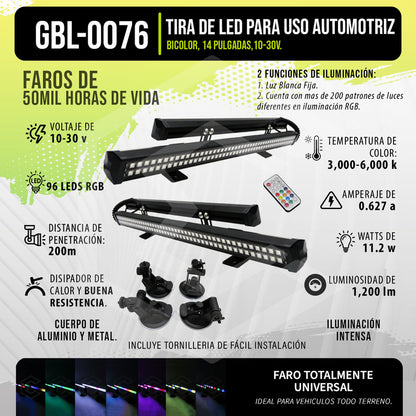 Barra 96 Leds Rgb Código Torreta 38cm C/ Ventosas 12w 10-30v