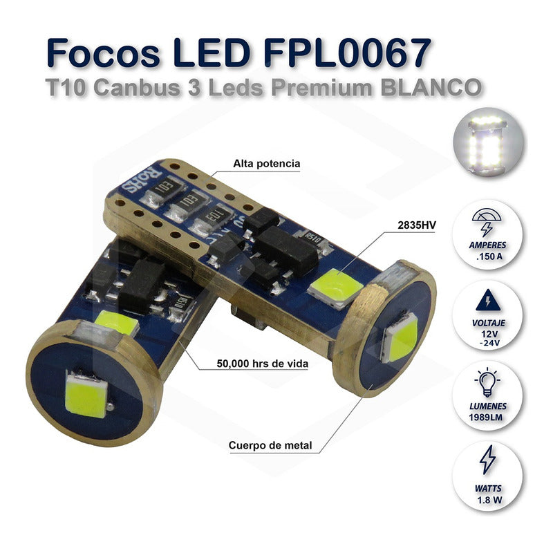 Par De Focos De Pellizco T10 Canbus 3 Leds Premium 12-24v
