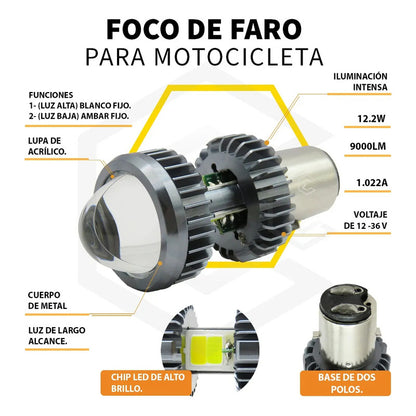 Foco Moto H4 Lupa Proyector Ba20d Bicolor 66 Led 2 Funcion T