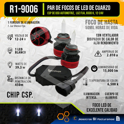 2 Focos Led 9006 Cuarzo Ventilador Alta Baja 15,000lm 12-24v 9006