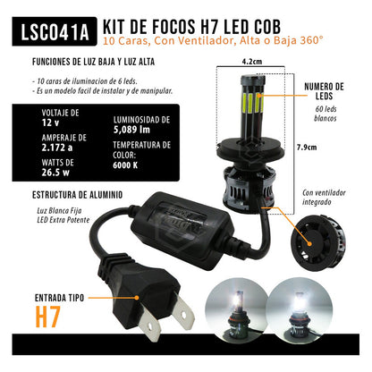 Kit Focos H7 Led Cob 10 Caras Cn Ventilador Alta O Baja 360° H7