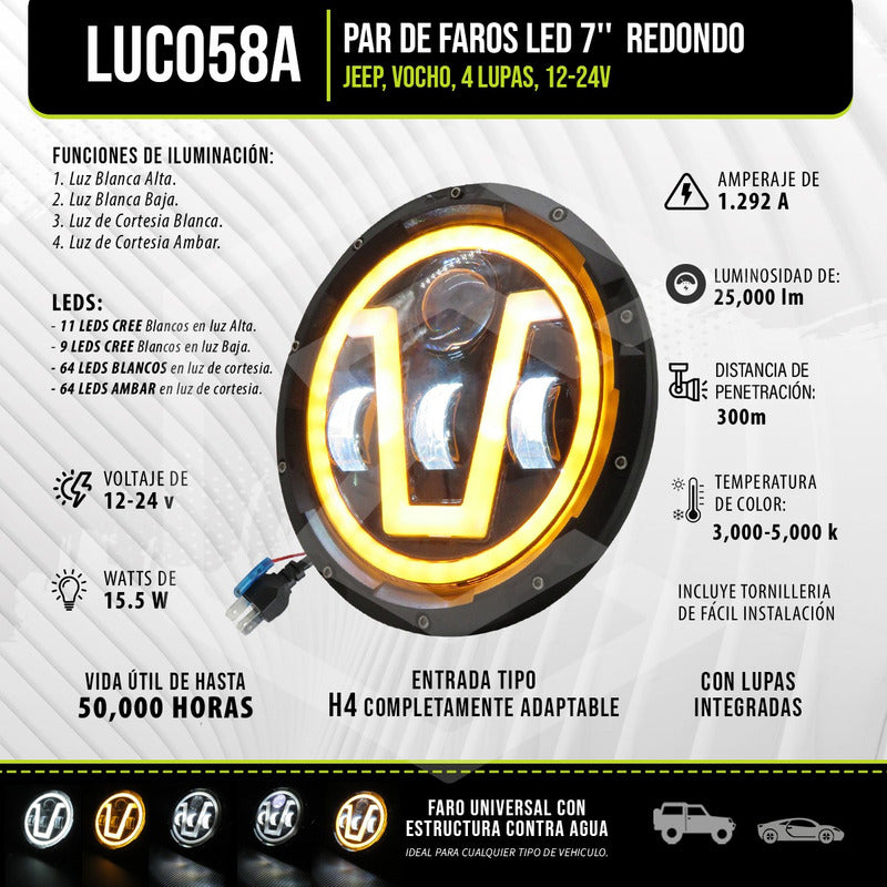 Par Faros Led 7'' Pulgadas Redondo Jeep Vocho 4 Lupas 12-24v