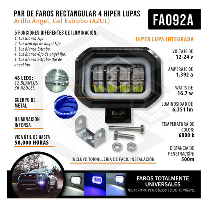 Par Faros Rectangular 4 Hiper Lupa Arillo Ángel Gel Estrobo