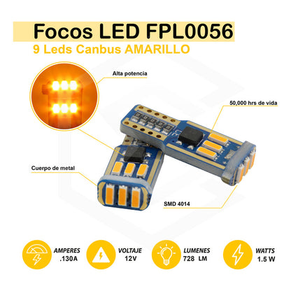 Kit 10 Focos De Pellizco T10 9 Leds Canbus No Error 4014 12v