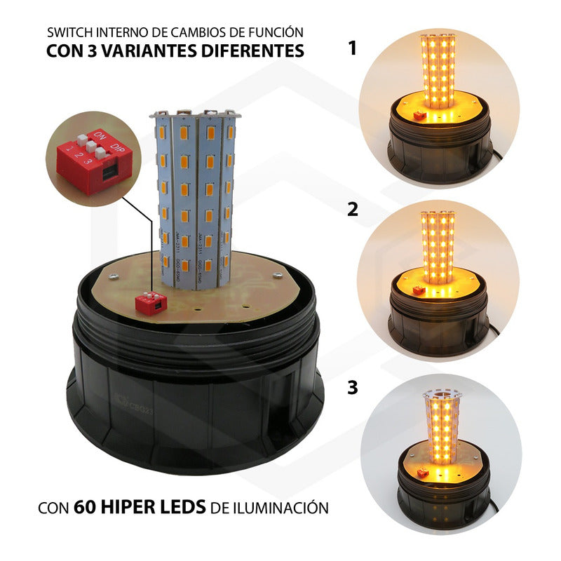 Torreta Color Ambar 12-24v 24led 72w Ip65 Con Iman 3 Funcion
