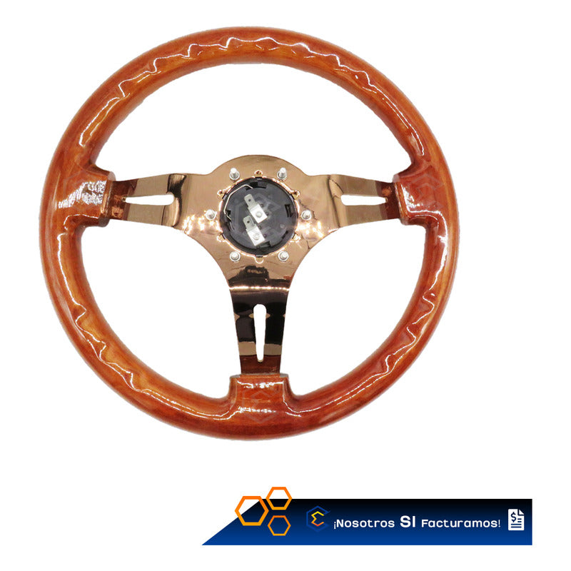 Volante De Madera Automotriz Universal Centro Oro Rosa 35cm