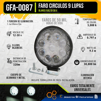 Par De Faros 9 Leds Redondo Luz Blanco Fija 4 Pulgada 9-30v Transparente