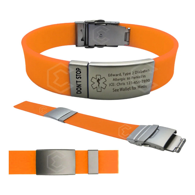 Pulsera Identificación Personalizada Emergencia Grabadoláser Naranja