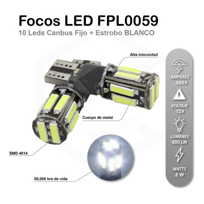 Kit 10 Focos De Pellizco 10 Led Canbus Fijo + Estrobo T10