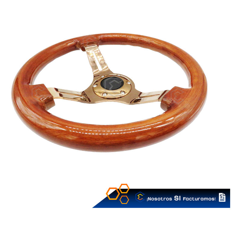Volante De Madera Automotriz Universal Centro Oro Rosa 35cm