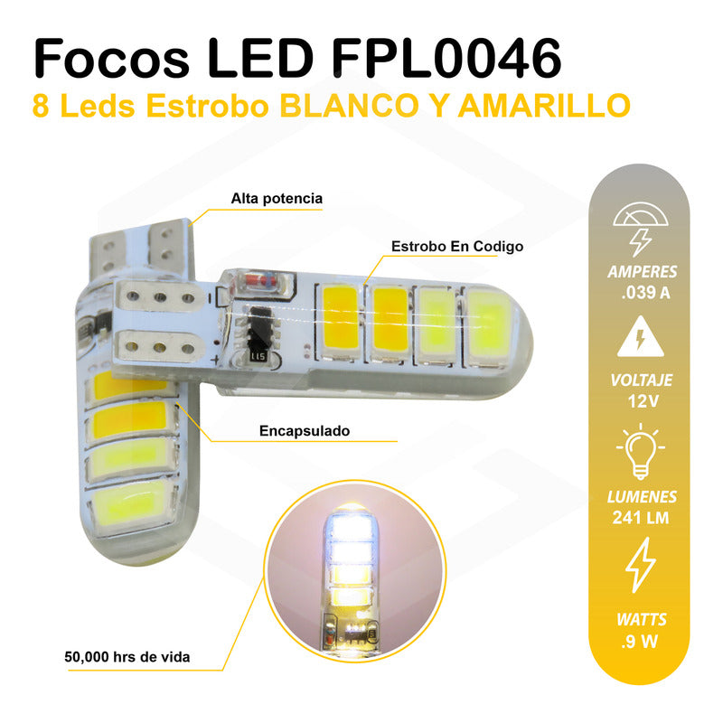 Par De Focos De Pellizco T10 8 Leds Estrobo En Codigo 12v