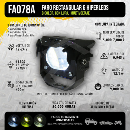 2 Faros Bicolor Rectangular 3'' 6 Hiperled Lupa Fijo 12-24v