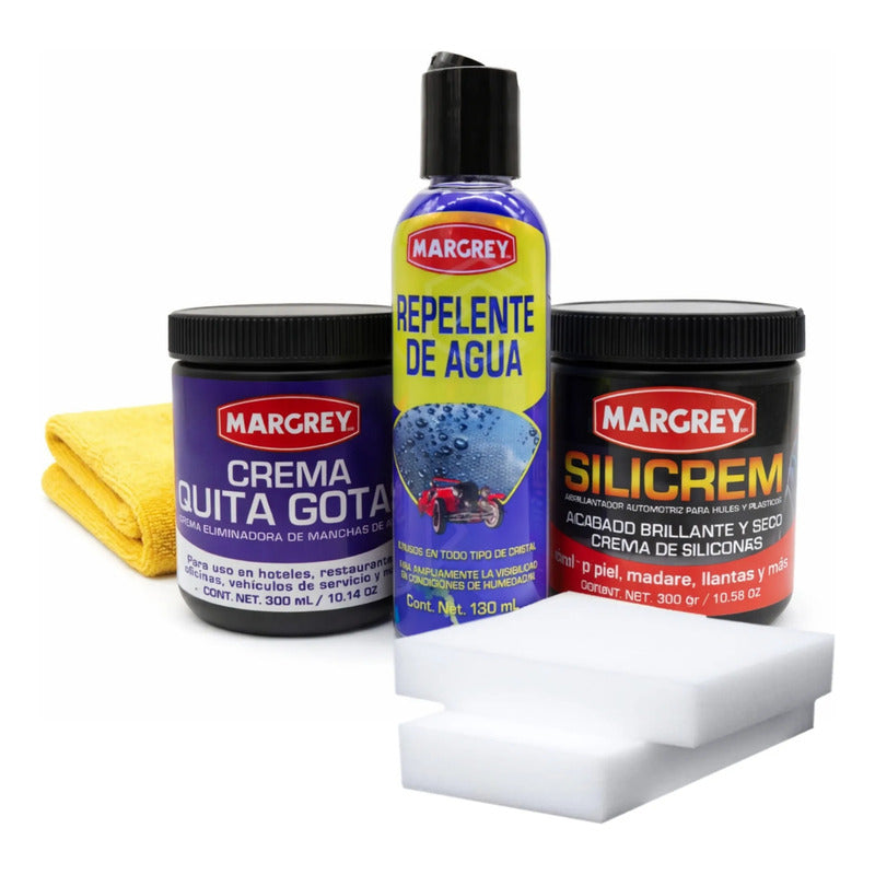 Kit Margrey Quita Gotas Silicrem Repelente Auto 4 Pzas Agua