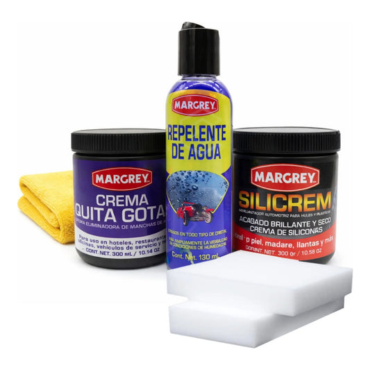 Kit Margrey Quita Gotas Silicrem Repelente Auto 4 Pzas Agua