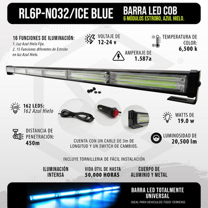 Barra Torreta Led Cob 6 Módulos Estrobo Código 16 Funciones