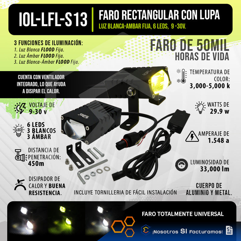 Par De Faros 6 Led Rectangular Lupa Blanco Ambar Flood 9-30v