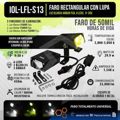 Par De Faros 6 Led Rectangular Lupa Blanco Ambar Flood 9-30v