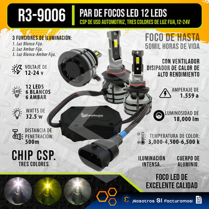 2 Focos Led 9006 Ventilador Alta Baja Tricolor 18000lm 12-24 9006