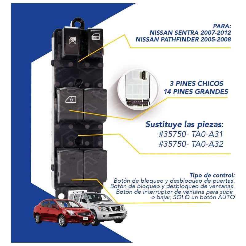 Control Maestro Vidrios Nissan Sentra 2007 A 2012 2 Arneses