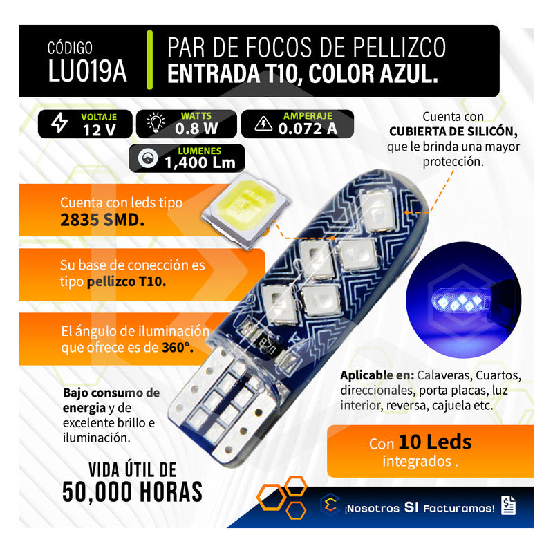 Par De Focos De Pellizco T10 10 Leds Smd Silicón Mosaico 12v