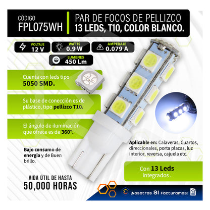 Kit 10 Focos Pellizco 13 Leds 5050 T10-158 Cuartos Stop 12v
