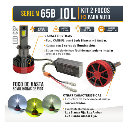 2 Focos H3 12 Leds Csp Bicolor Ventilador Alta Baja 14000lm H3