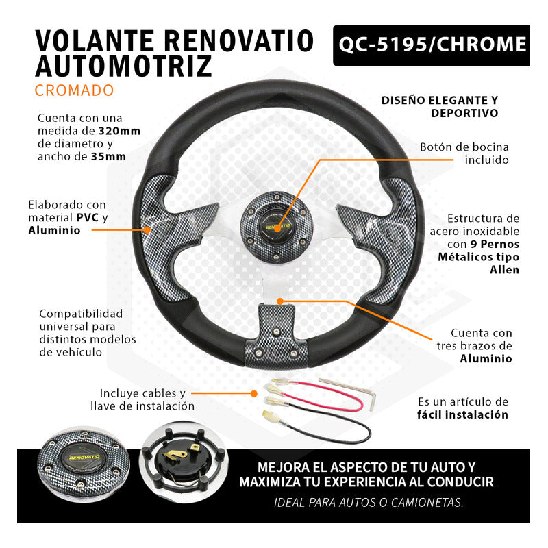 Volante Deportivo Universal De Metal Tipo Escudo Cromo 32cm