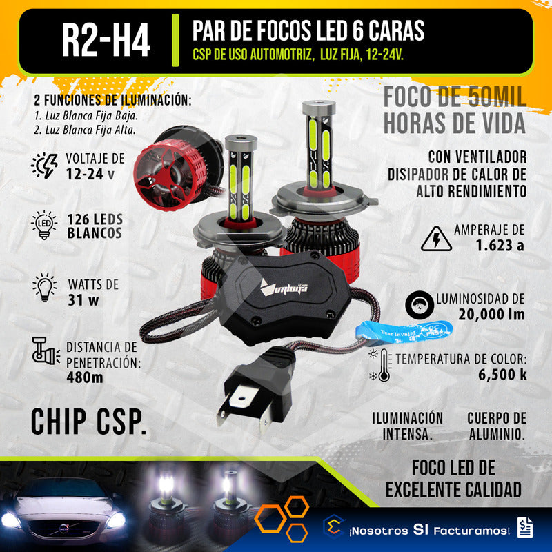 2 Focos Led H4 Ventilador Alta Y Baja Aro Luz 15000lm 12-24v H4