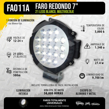 Faro Cree Redondo Universal 21 Led Blanco/ambar Fijo 7'' 24v
