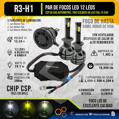 2 Focos Led H1 Ventilador Alta Baja Tricolor 18,000lm 12-24v H1