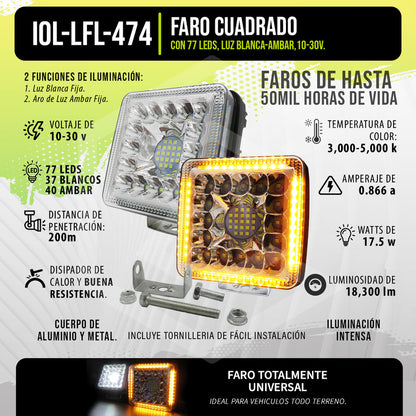 Par De Faros 77 Leds Auxiliares Luz Fija Aro De Luz 10-30v