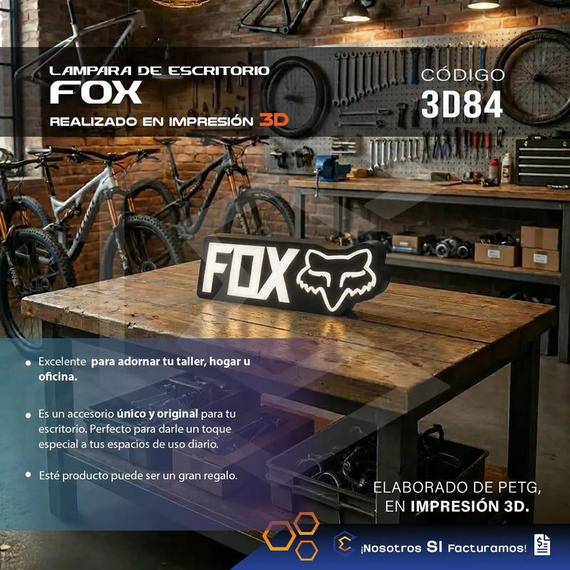 Lampara Led Letrero Fox Escritorio Decoración 28cm 3d Petg Negro