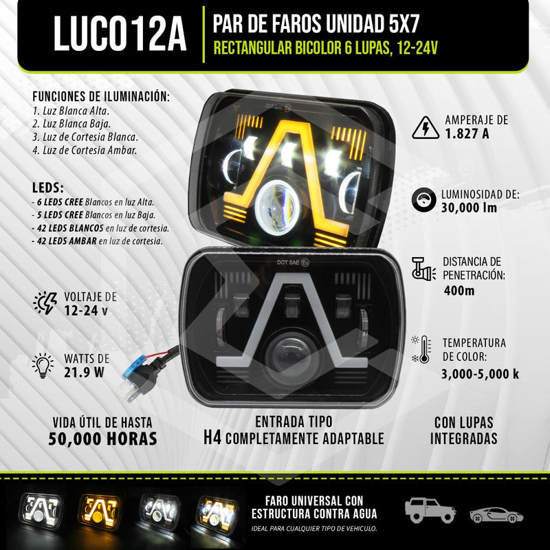Par De Faros Unidad 5x7 Rectangular Bicolor 6 Lupas 12-24v Ambos Lados