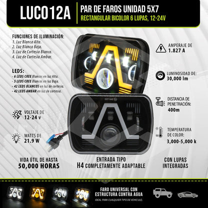 Par De Faros Unidad 5x7 Rectangular Bicolor 6 Lupas 12-24v Ambos Lados