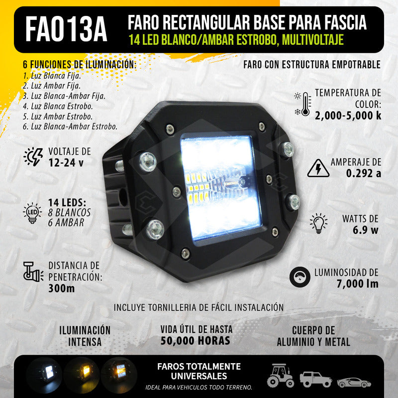 2 Faros Rectangular Bicolor Empotrable 14 Led Estrobo 12/24v