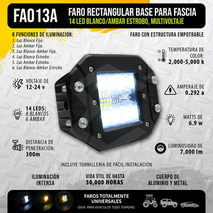 2 Faros Rectangular Bicolor Empotrable 14 Led Estrobo 12/24v