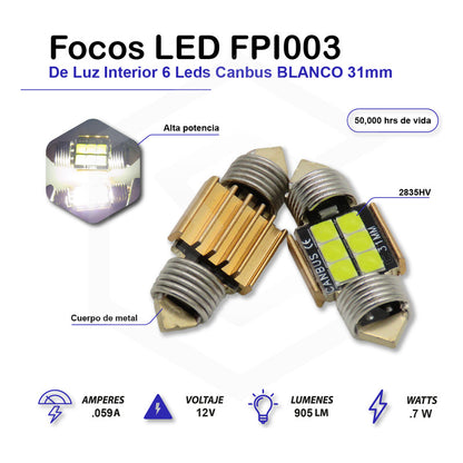 Par De Focos Luz Interior 31 36 39 41 Mm 6 Leds Canbus 12v