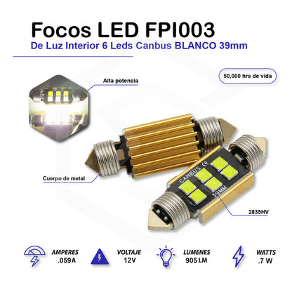 Par De Focos Luz Interior 31 36 39 41 Mm 6 Leds Canbus 12v