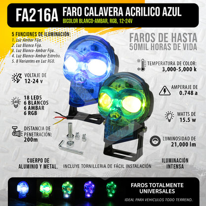 Par Faros 18 Leds 2 Lupas Rgb Calavera 12 Funciones 12-24v