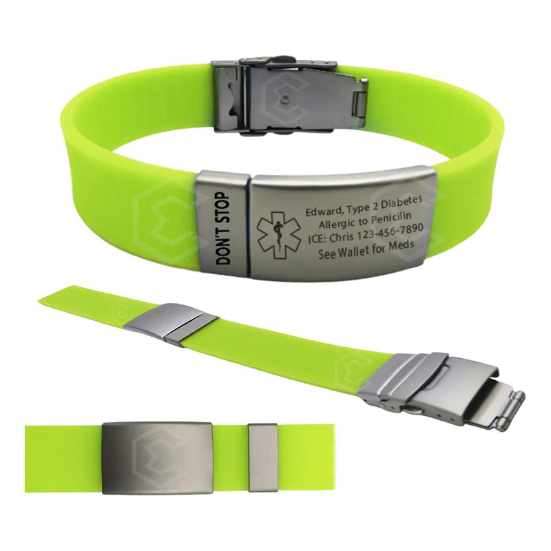 Kit 2 Pulsera Identificación Personalizada Emergencia Láser Verde Limon