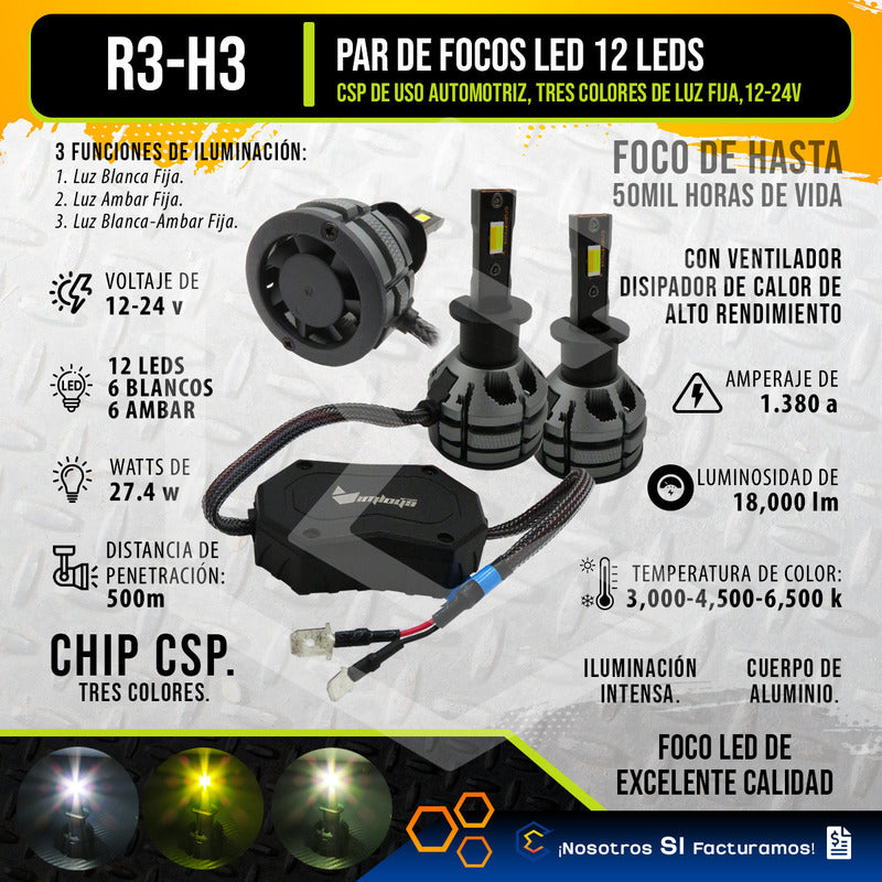 2 Focos Led H3 Ventilador Alta Baja Tricolor 18,000lm 12-24v H3