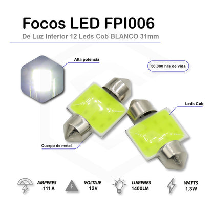 2 Pzs Foco Led Cob Festoon Fusible Interior 31 36 39 Y 41 Mm