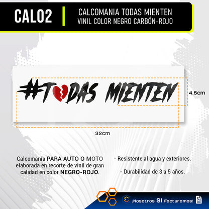 2 Calcomanía Todas Mienten Sticker Vinil Auto Moto 32x4.5cm