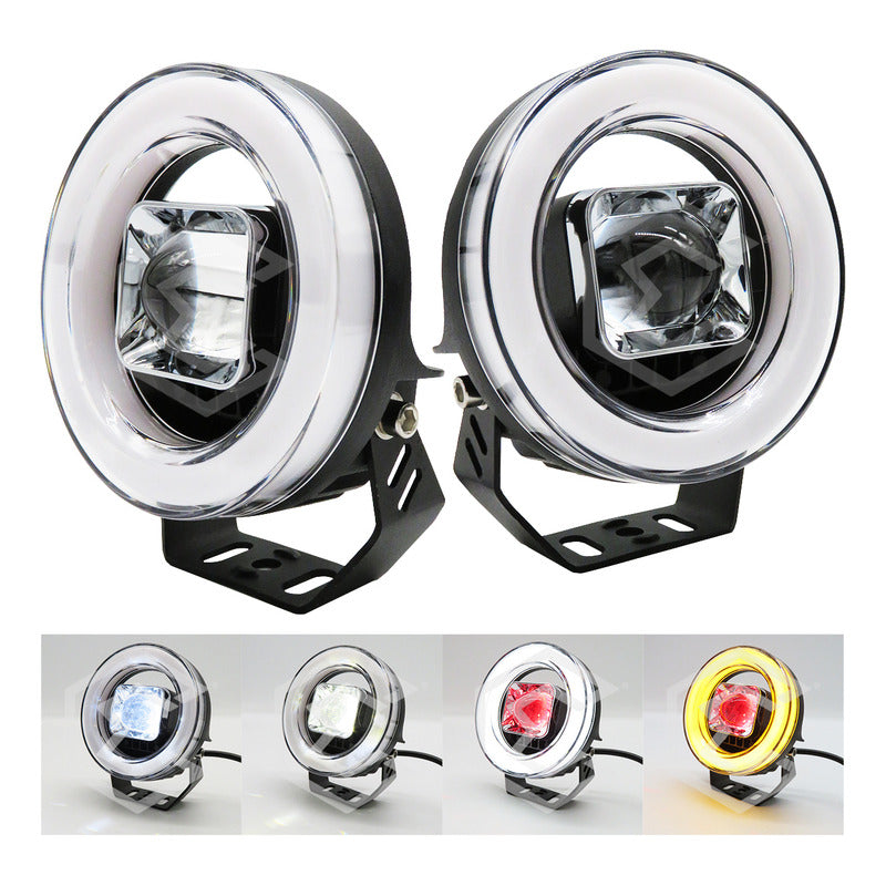Par Faros Auxiliares 16 Led Con Lupa Bicolor Ojo Ángel 9-30v