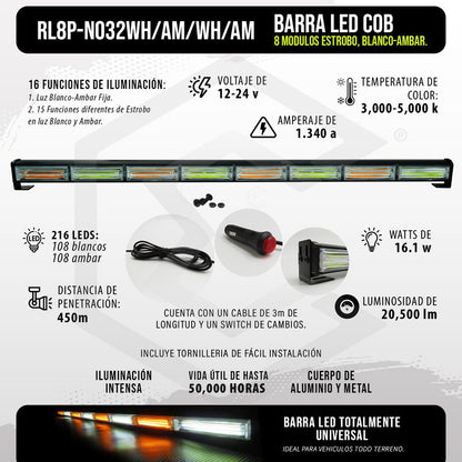 Barra Torreta Led Cob 8 Módulos Estrobo Código 16 Funciones