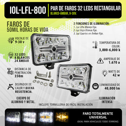 Par De Faros Unidad 4x6 32 Leds Blanco-ámbar Baja Alta 9-30v