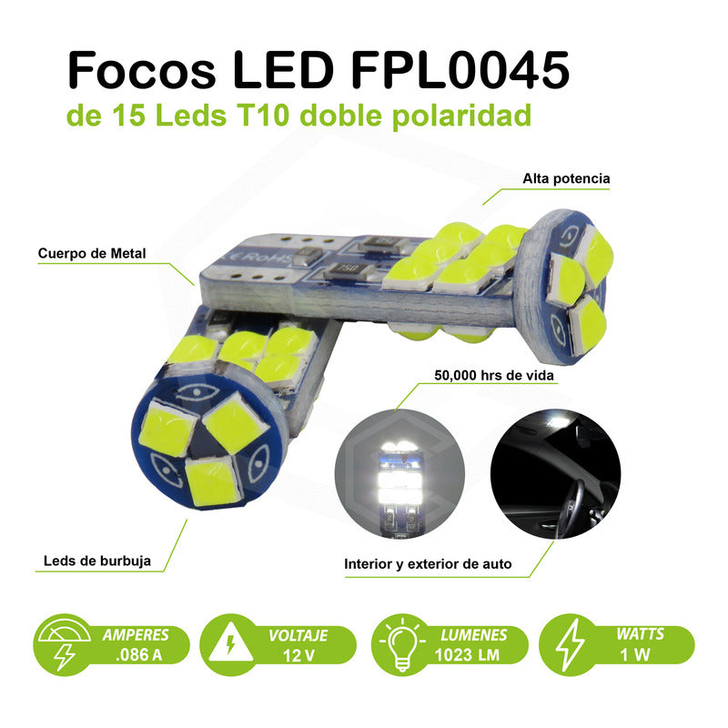Par Foco Pellizco T10 15leds Burbuja Canbus Doble Polaridad