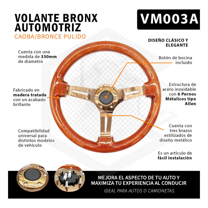 Volante De Madera Automotriz Universal Centro Oro Rosa 35cm