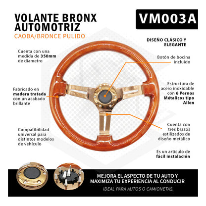 Volante De Madera Automotriz Universal Centro Oro Rosa 35cm
