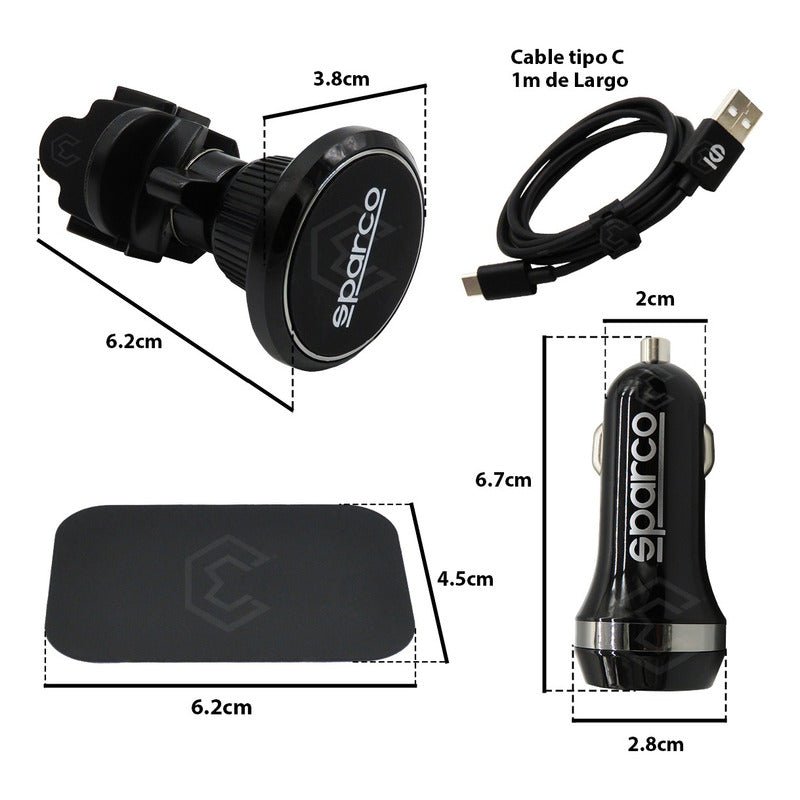Soporte Porta Celular Magnético C/ Cargador Cable Usb Sparco